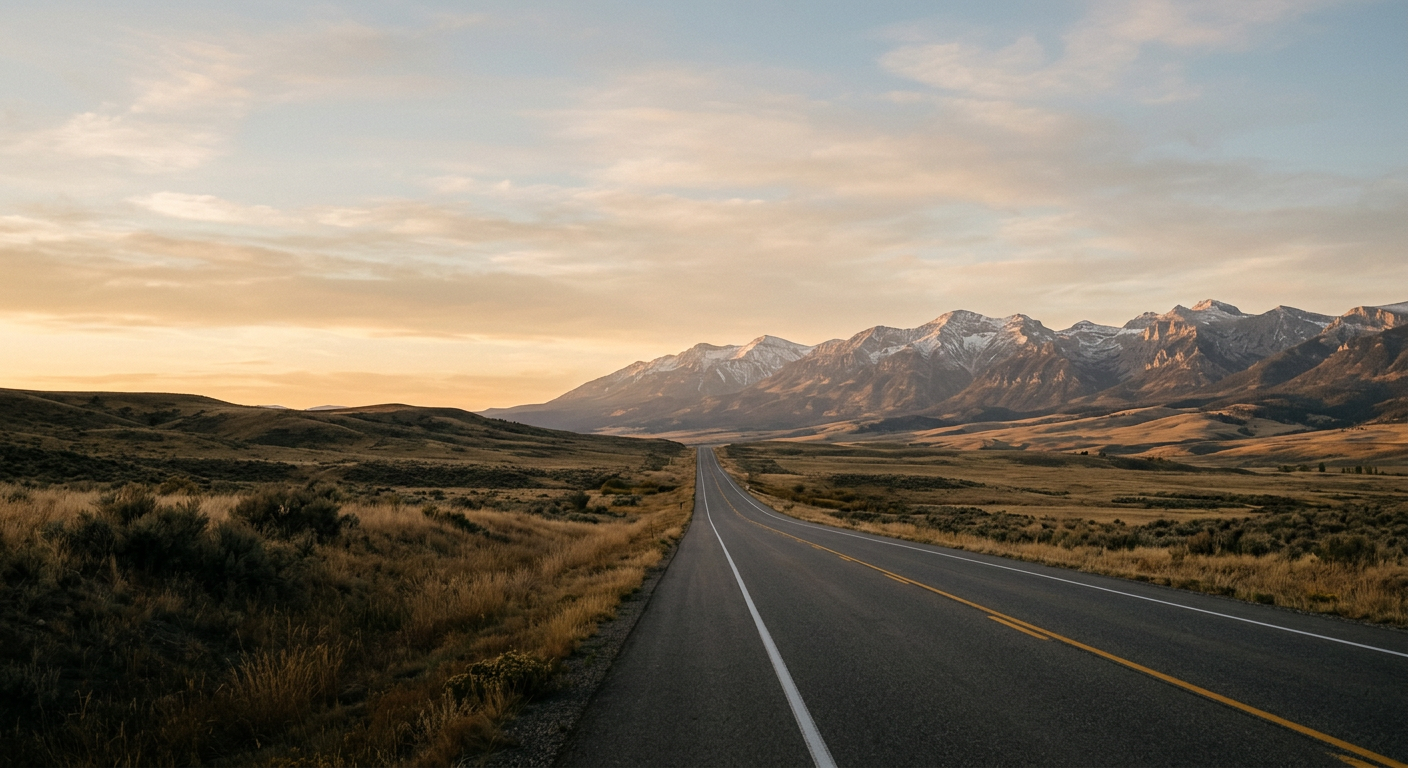 A Wyoming highway running toward mountains at golden hour